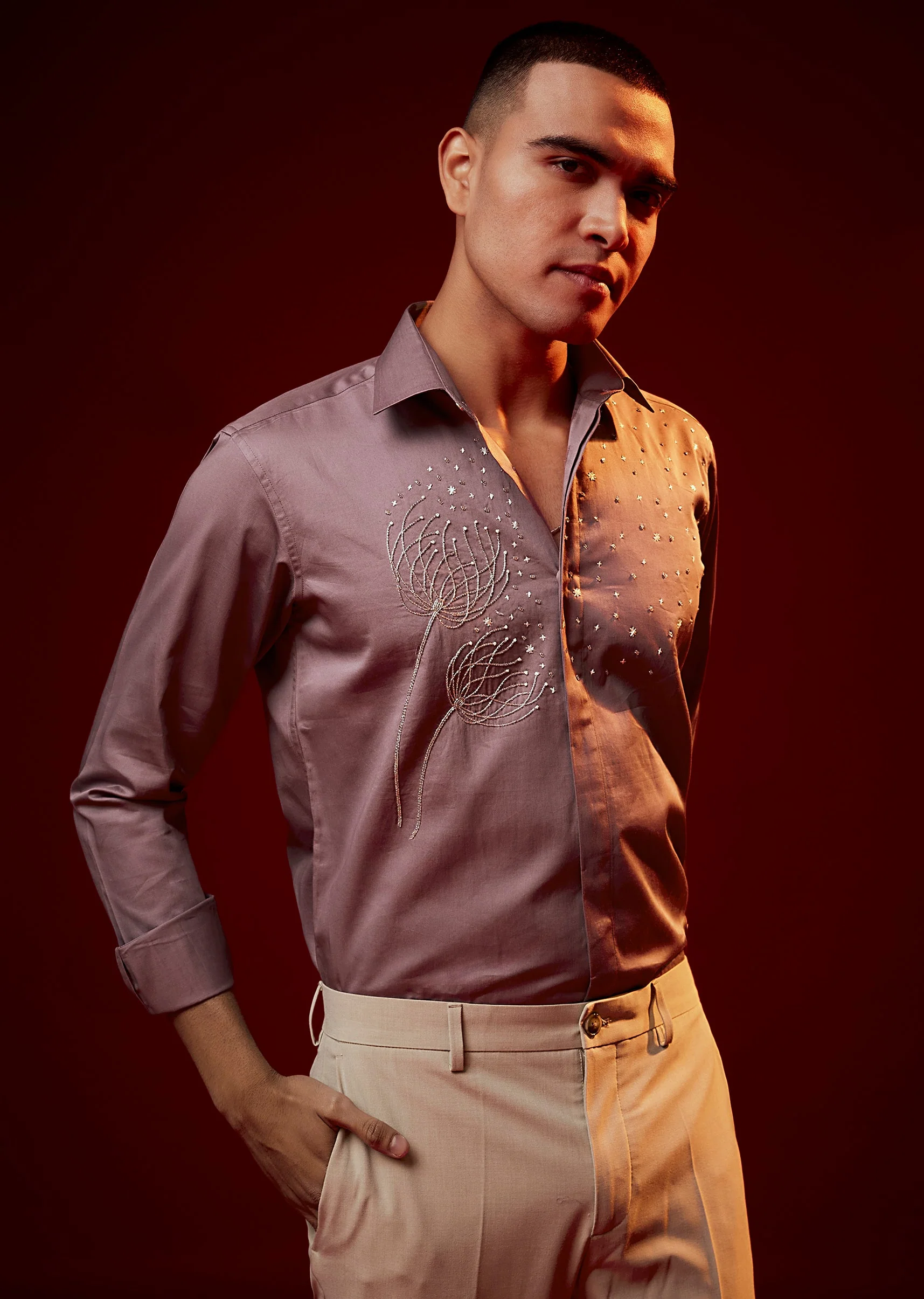 Pink Embroidered Silk Blend Mandarin Collar Shirt