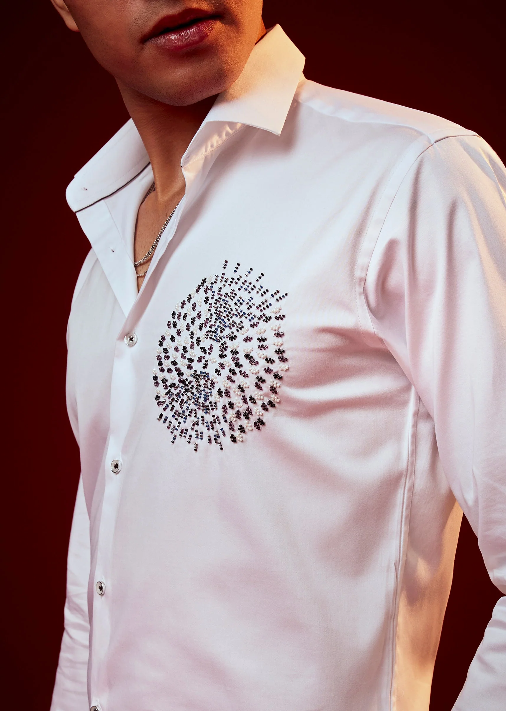 White Embellished Silk Blend Party Shirt