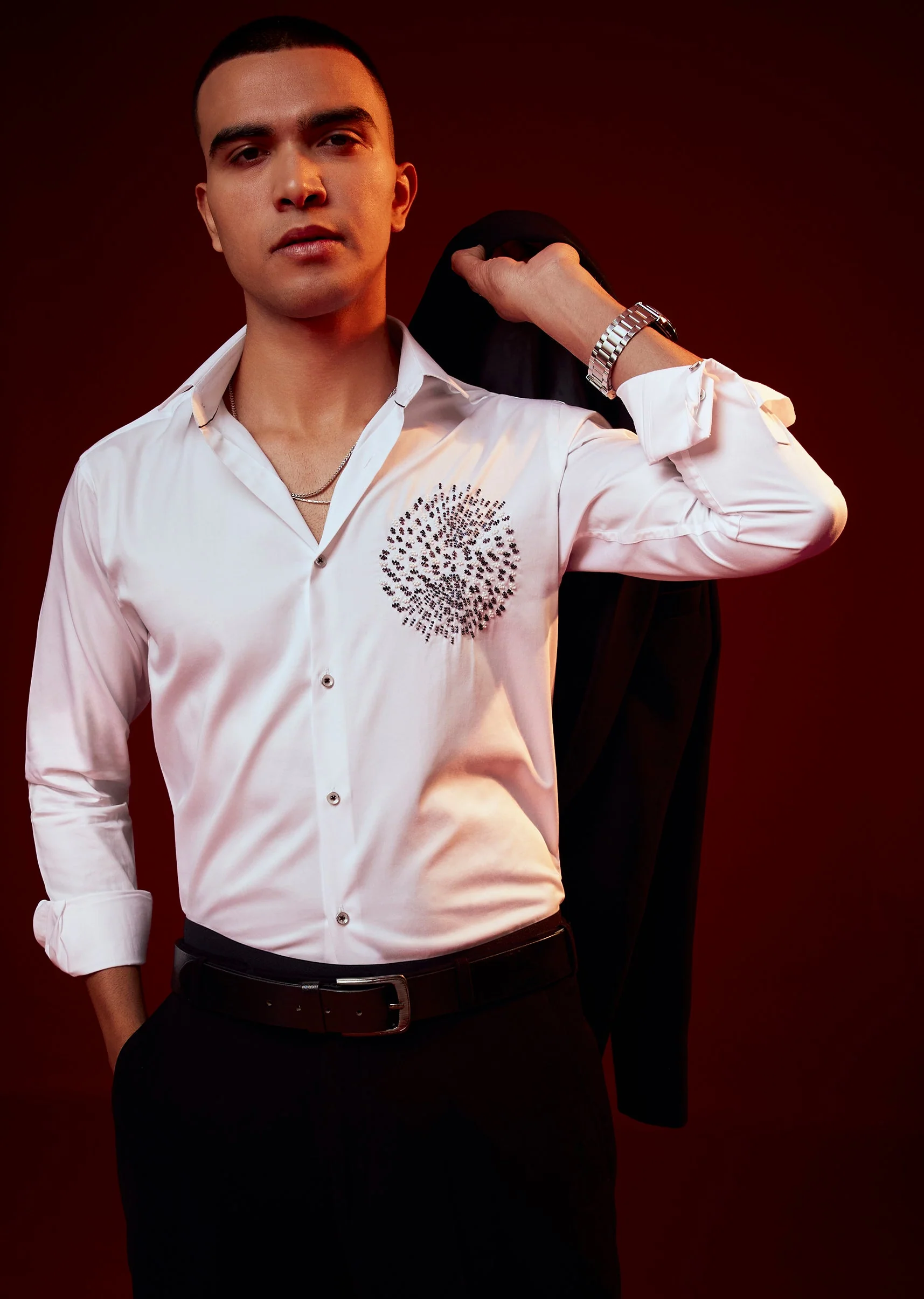 White Embellished Silk Blend Party Shirt
