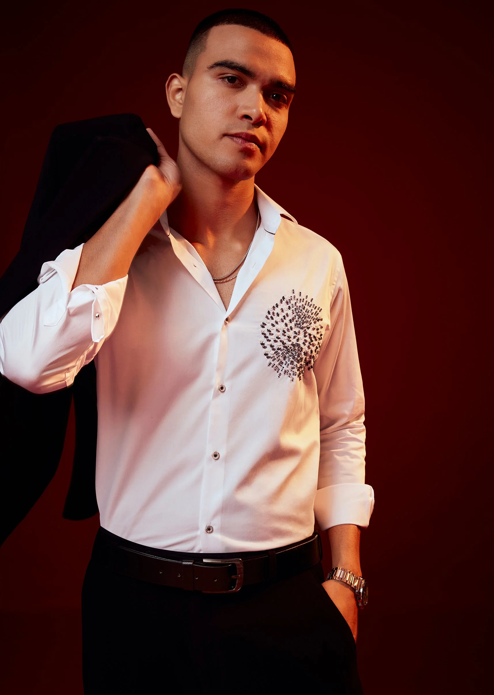 White Embellished Silk Blend Party Shirt