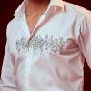 White Embroidered Silk Blend Mandarin Collar Shirt