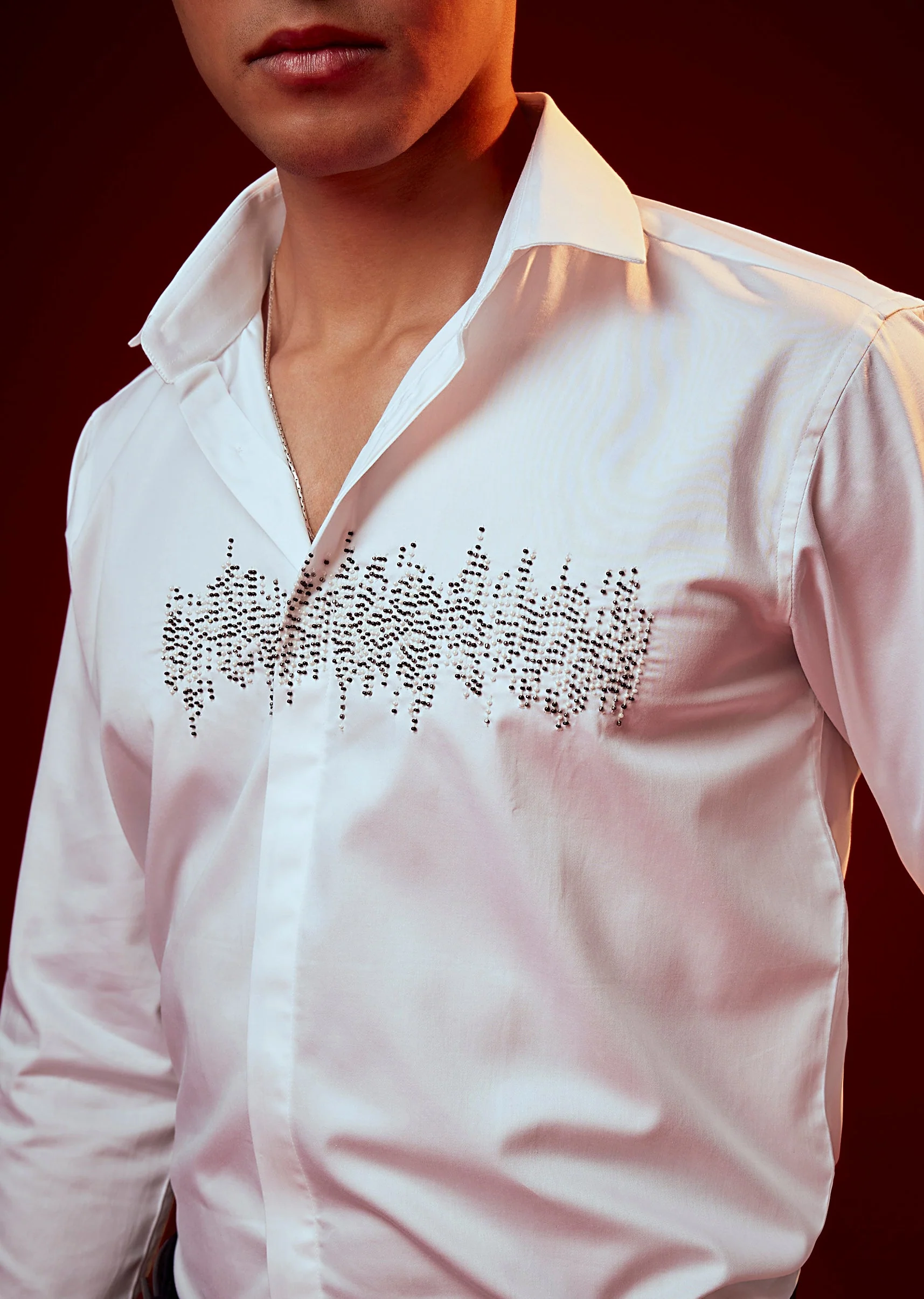White Embroidered Silk Blend Mandarin Collar Shirt