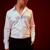 White Embroidered Silk Blend Mandarin Collar Shirt