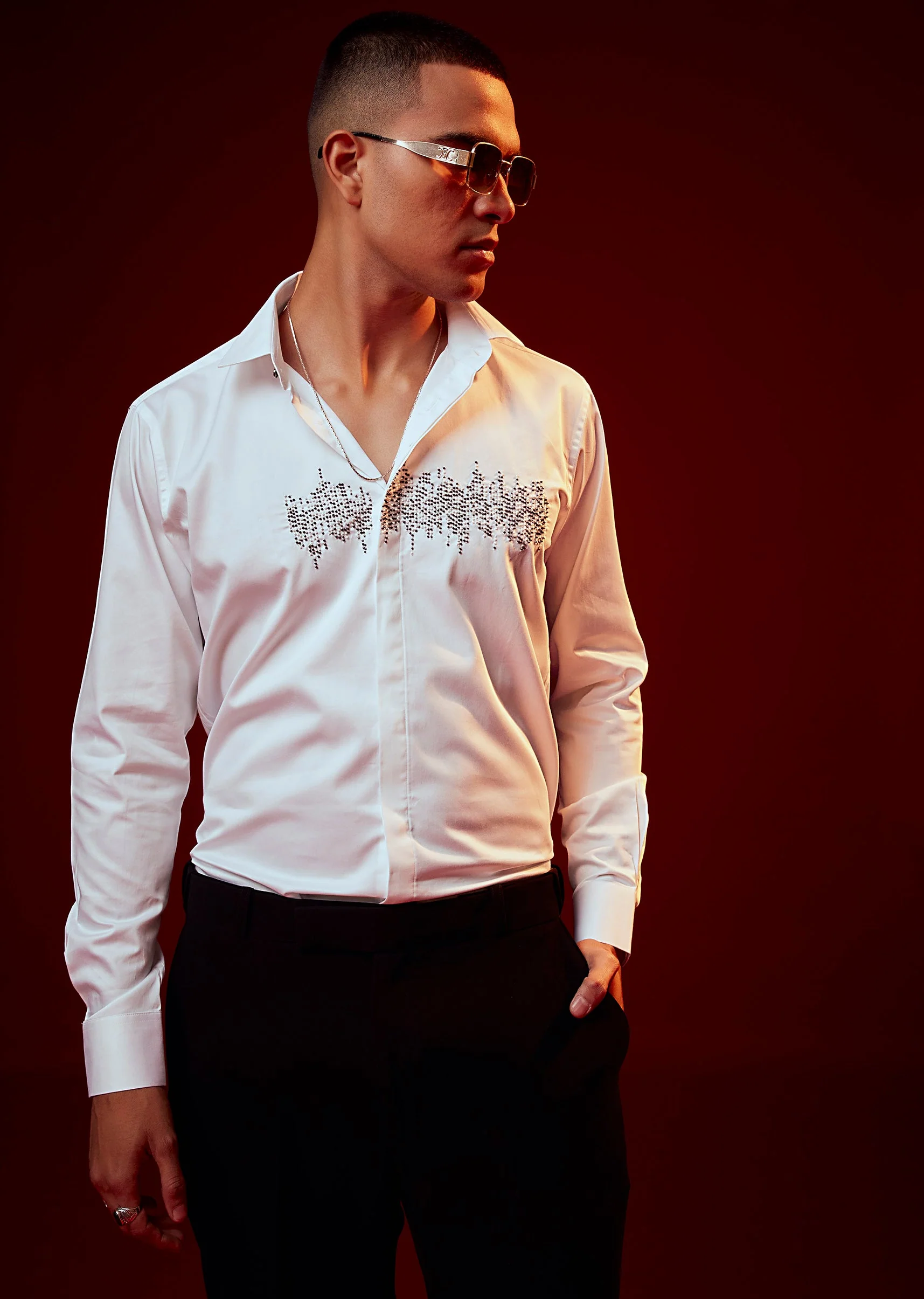 White Embroidered Silk Blend Mandarin Collar Shirt