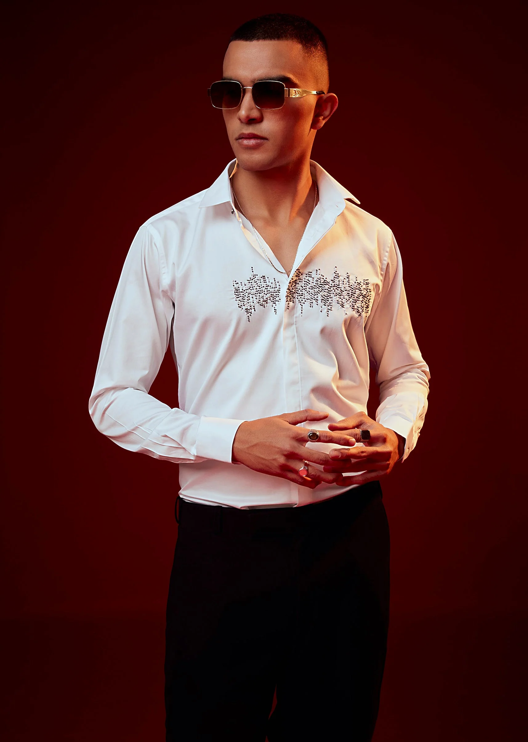 White Embroidered Silk Blend Mandarin Collar Shirt