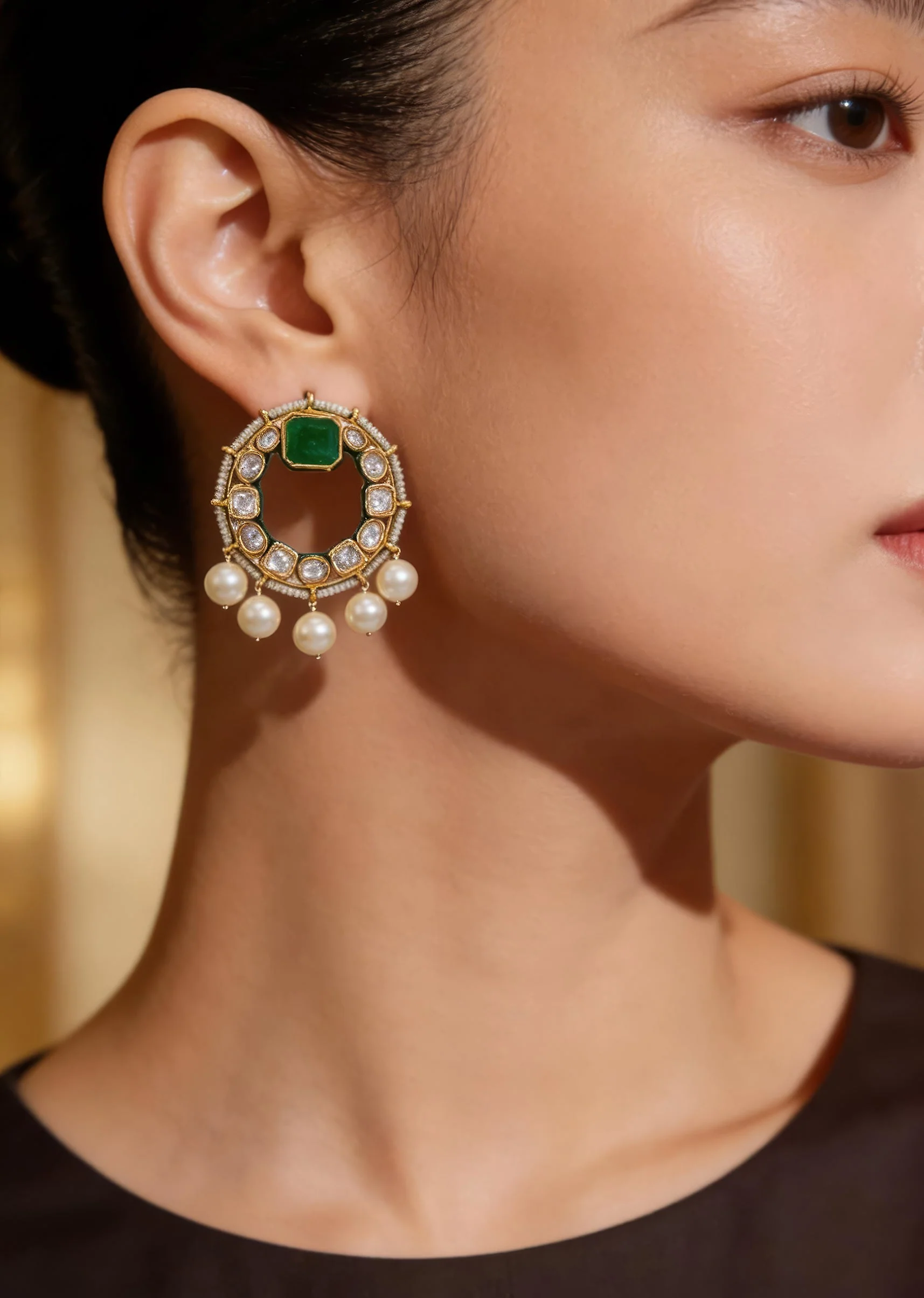 Gold Plated Green Kundan Polki Drop Earrings