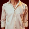 Cream Bead Embroidered Mandarin Collar Shirt