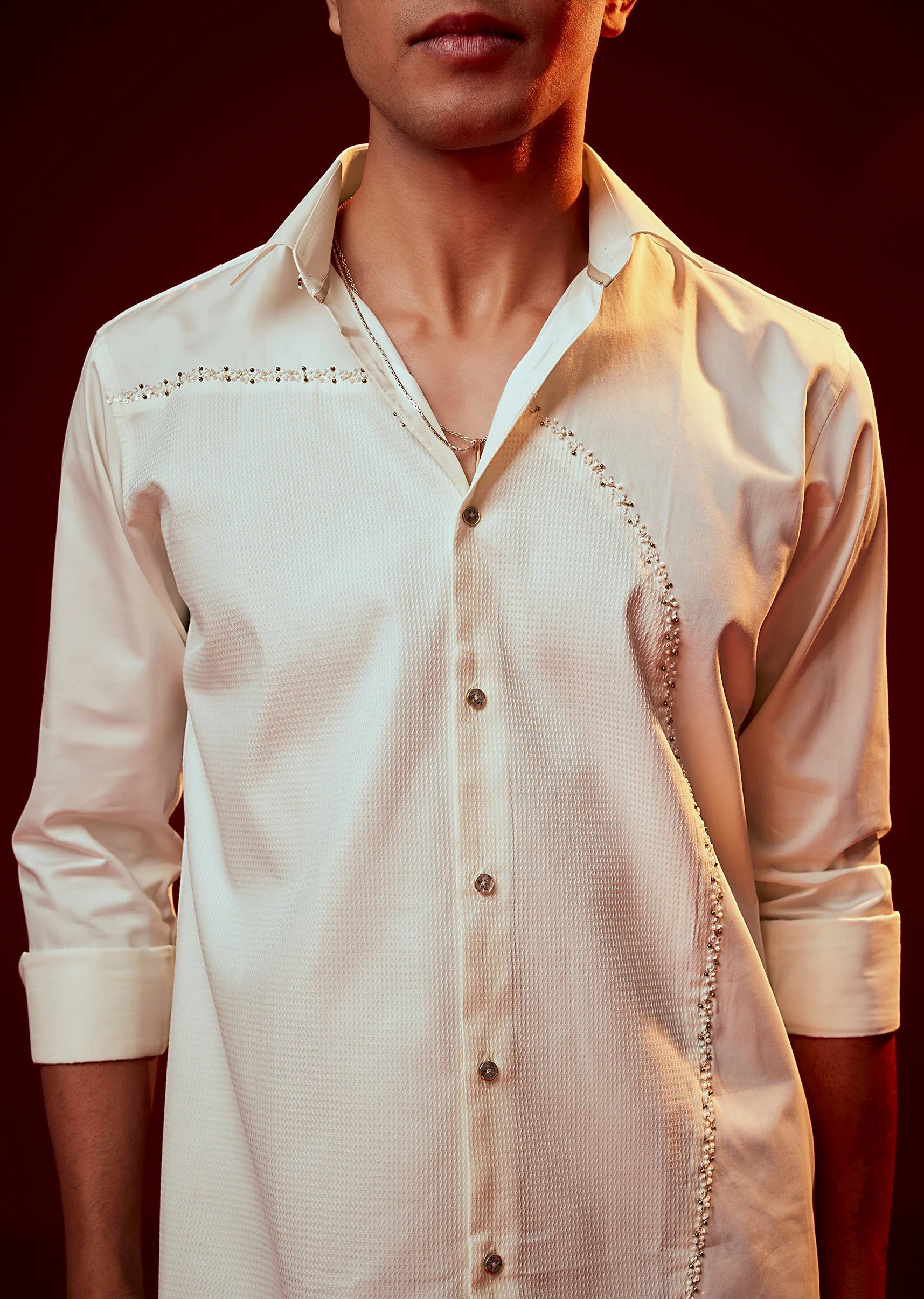 Cream Bead Embroidered Mandarin Collar Shirt