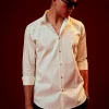 Cream Bead Embroidered Mandarin Collar Shirt