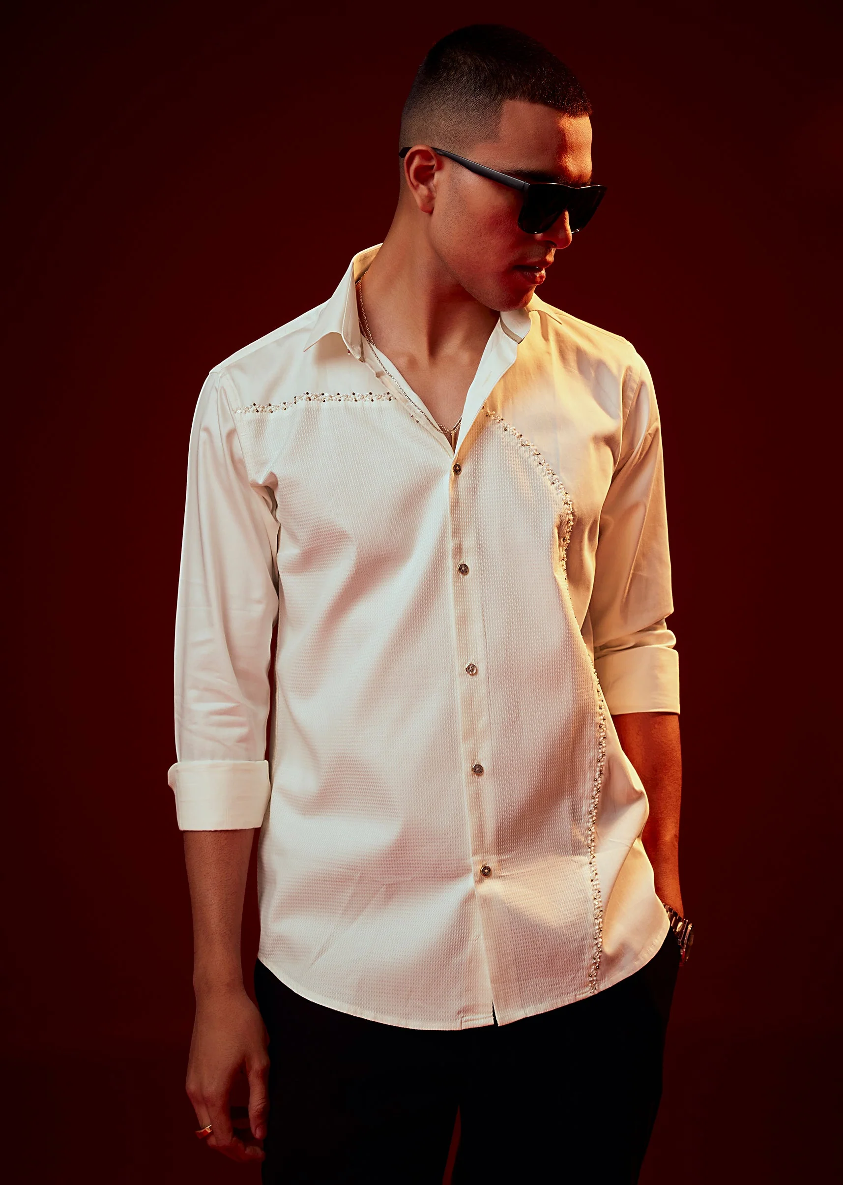 Cream Bead Embroidered Mandarin Collar Shirt