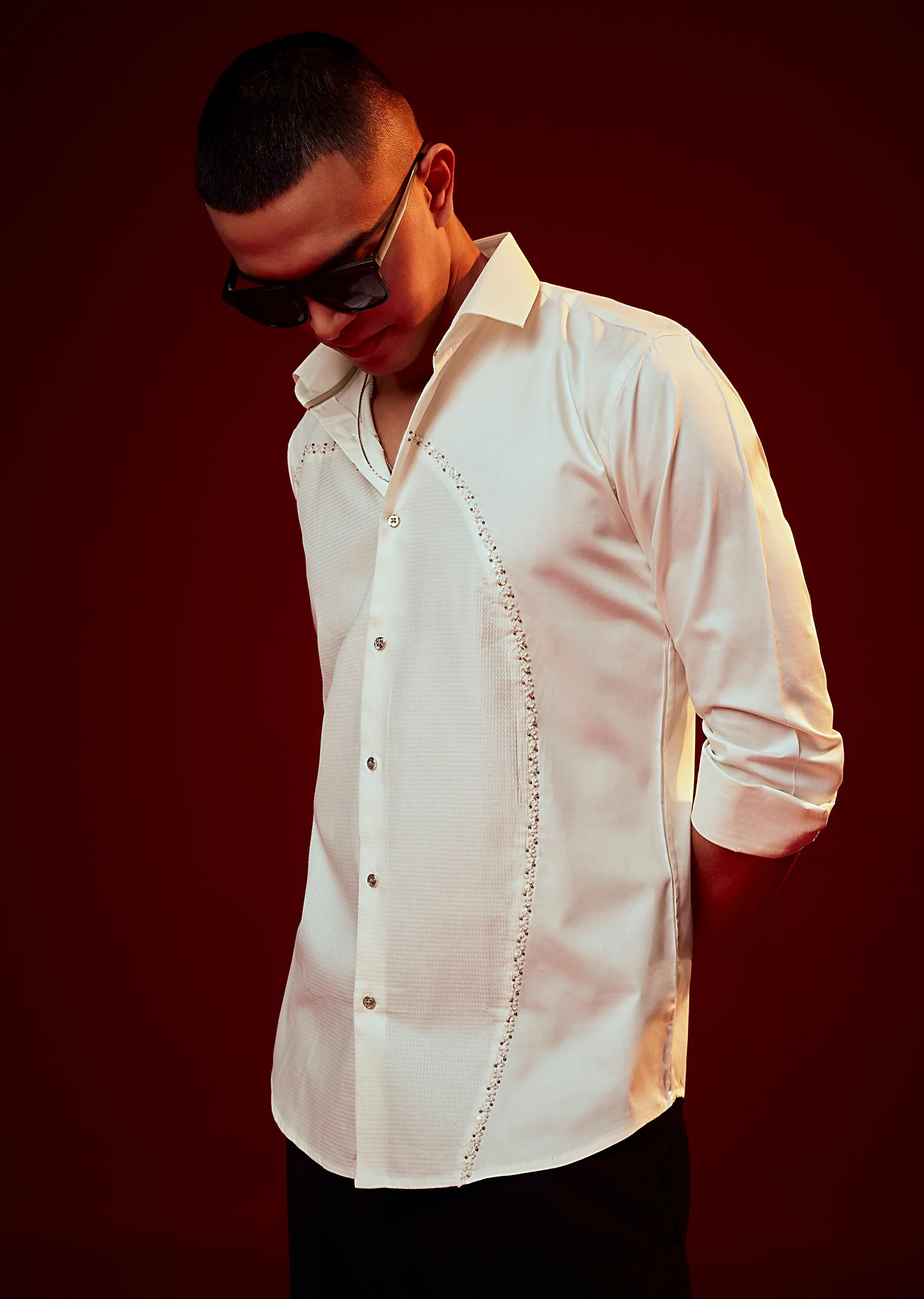 Cream Bead Embroidered Mandarin Collar Shirt
