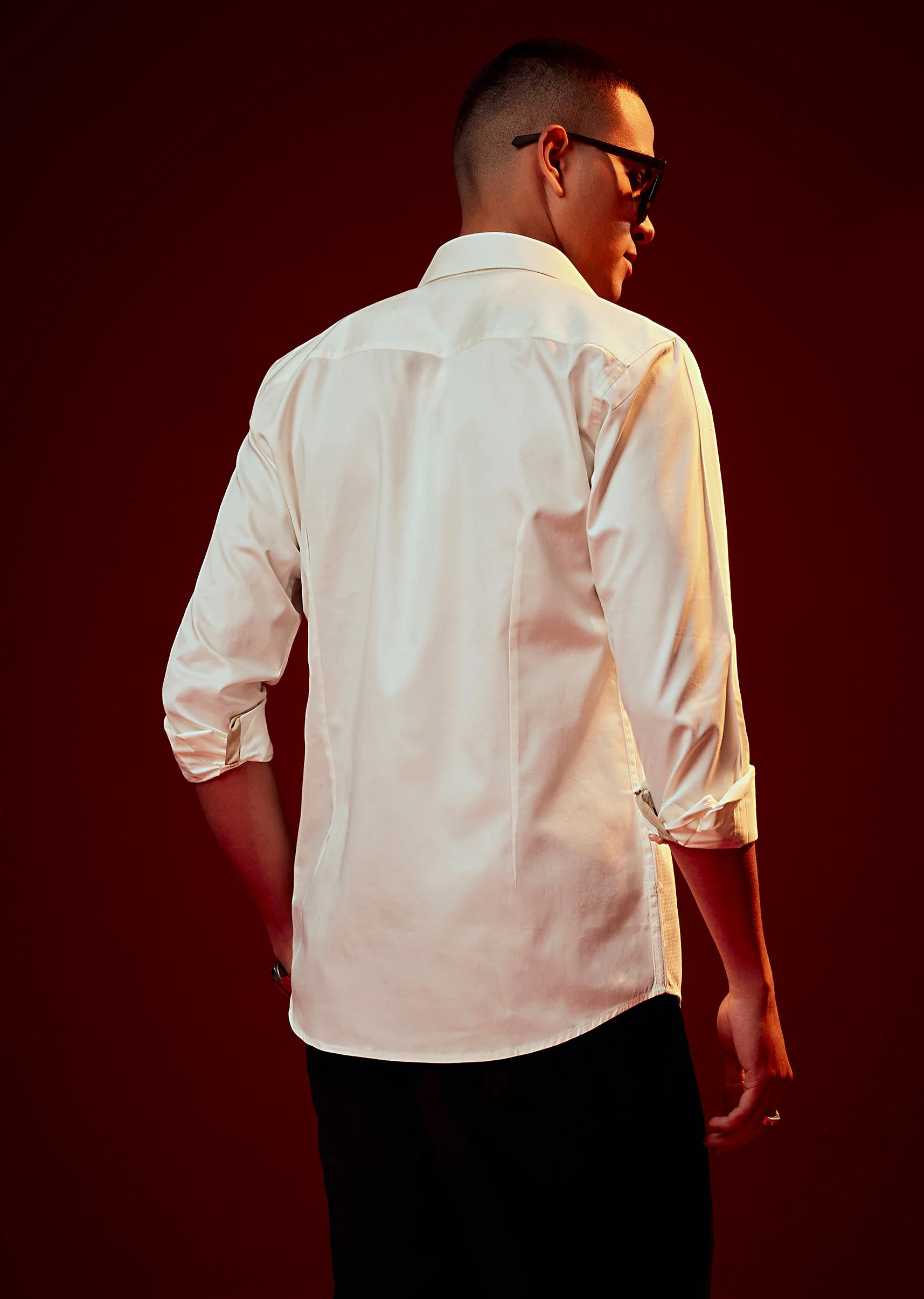 Cream Bead Embroidered Mandarin Collar Shirt