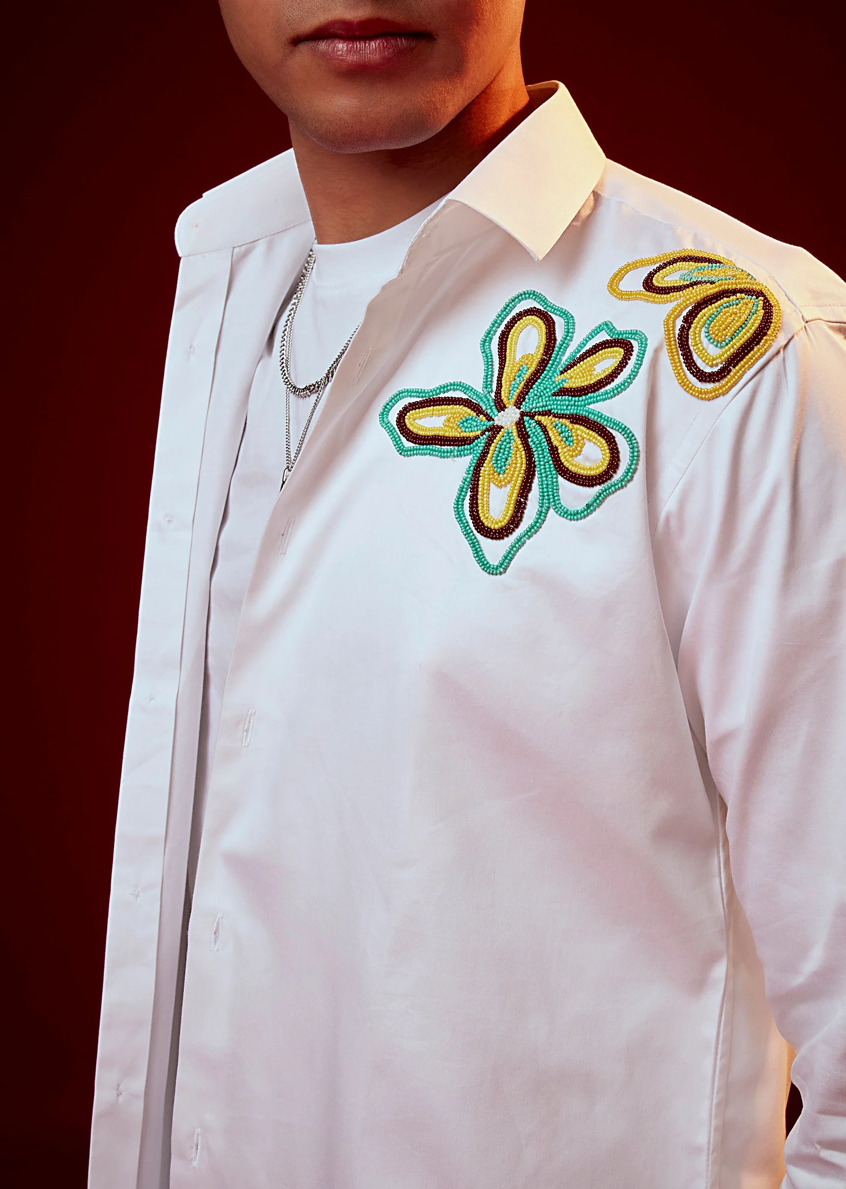 White Patch Work Embellished Party Shirt