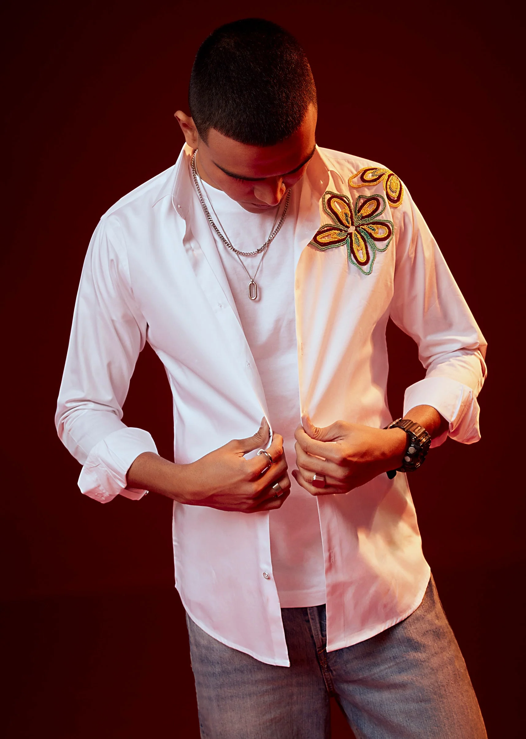 White Patch Work Embellished Party Shirt