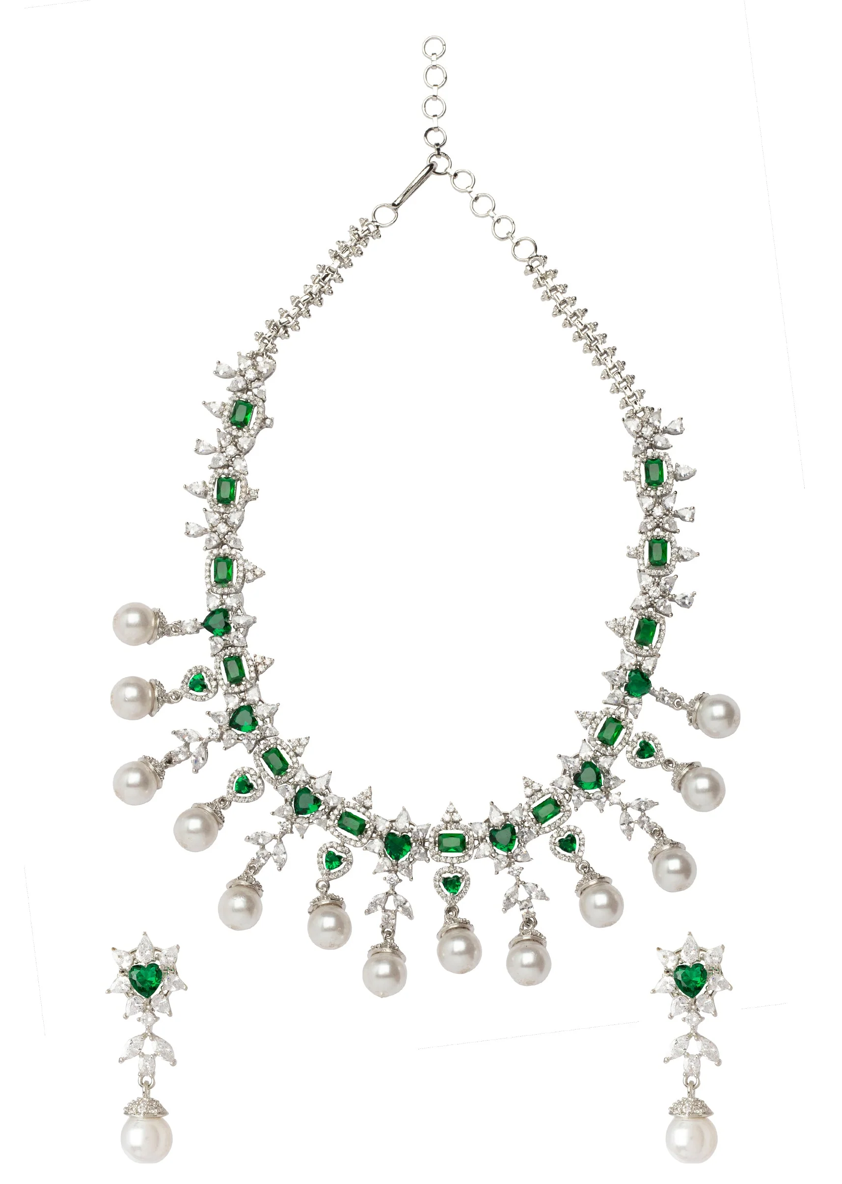 Emerald Green Silver Plated Zircon Necklace Set With Earrings