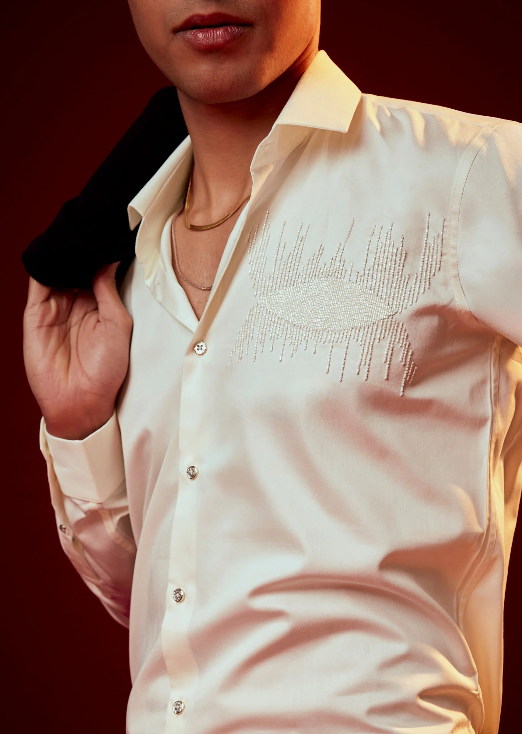 Cream Embroidered Silk Blend Party Shirt