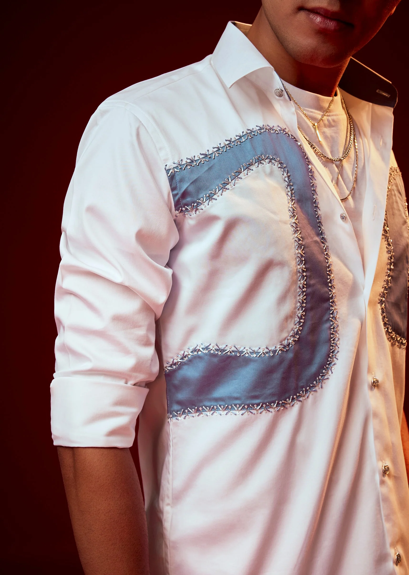 White Embellished Silk Blend Mandarin Collar Party Shirt