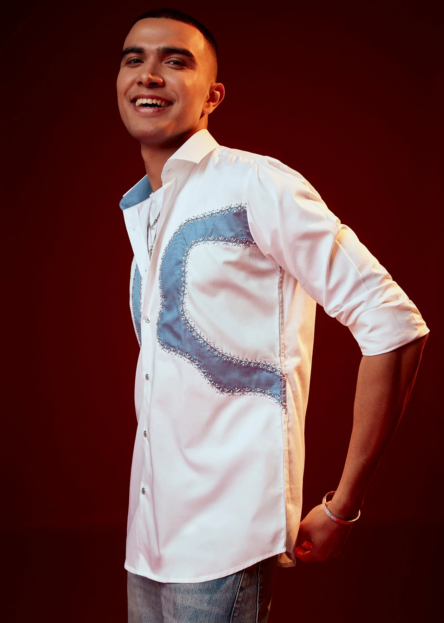 White Embellished Silk Blend Mandarin Collar Party Shirt