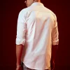 White Embellished Silk Blend Mandarin Collar Party Shirt