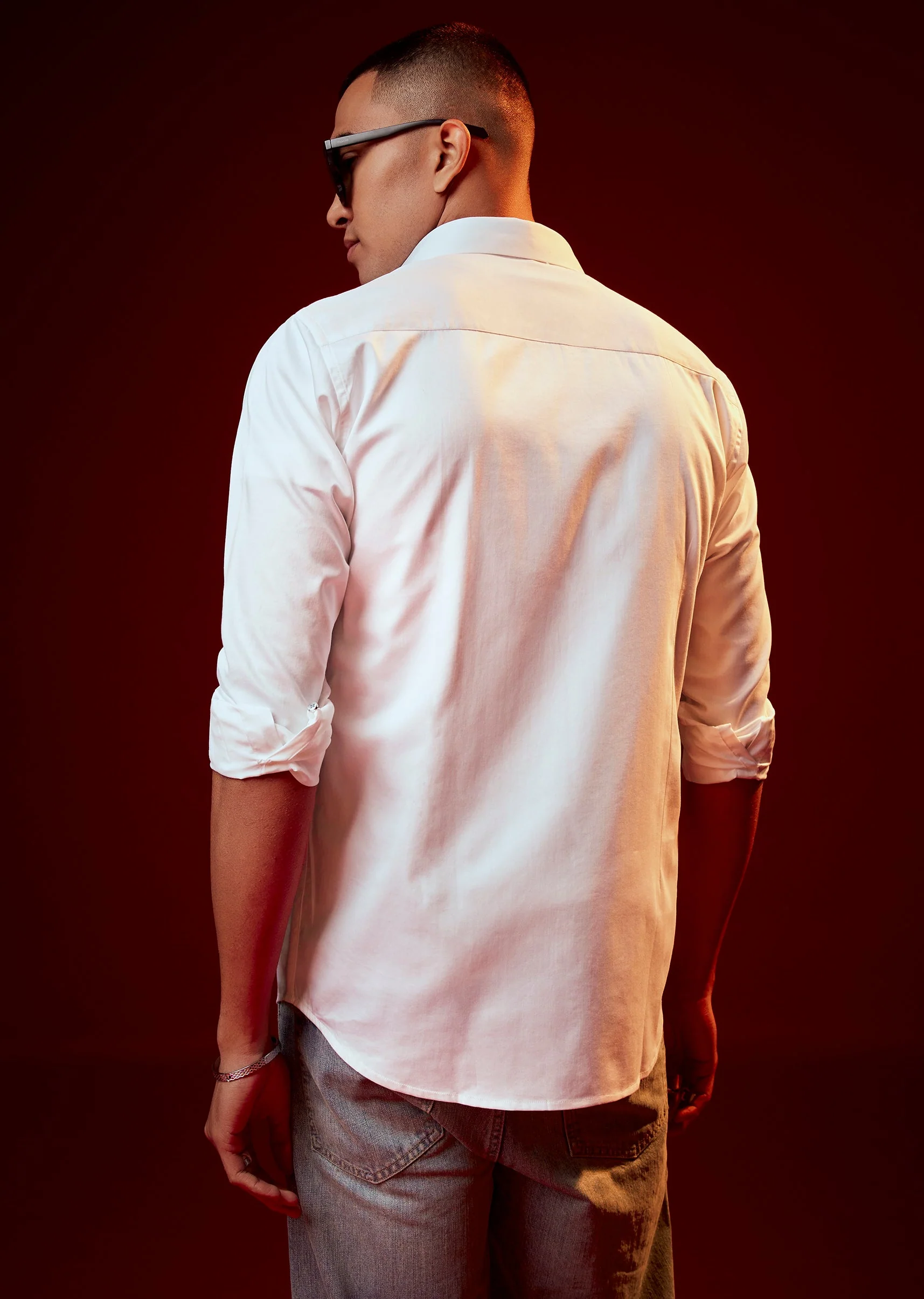 White Embellished Silk Blend Mandarin Collar Party Shirt