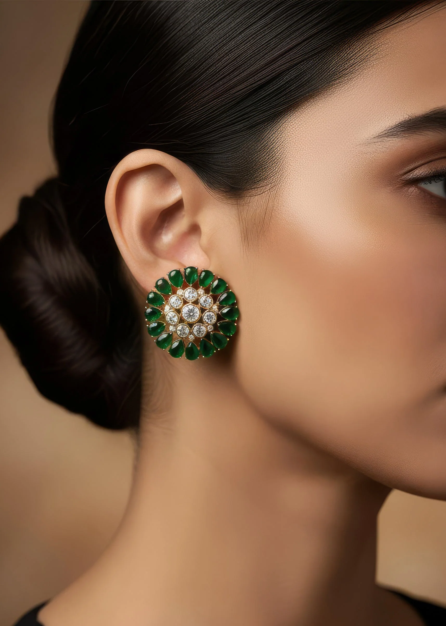 Gold Plated Green Kundan Polki Stud Earrings