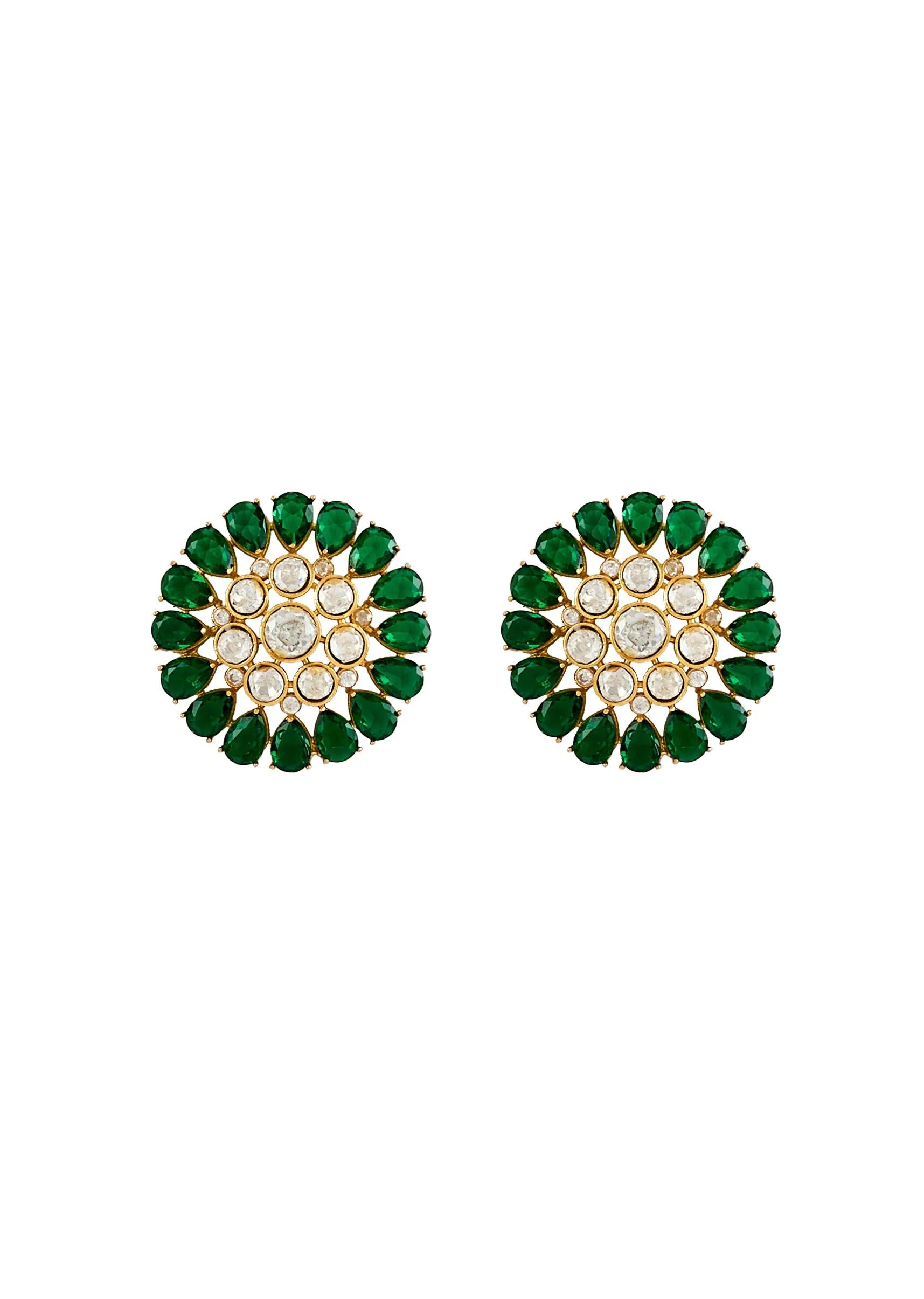 Gold Plated Green Kundan Polki Stud Earrings