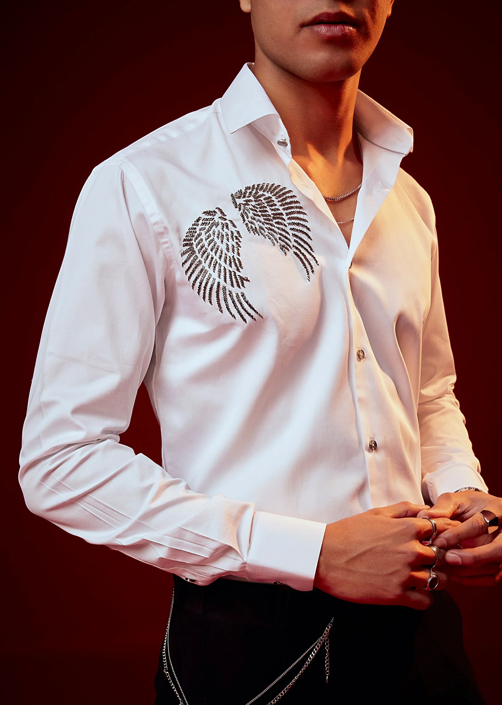 White Bead Embroidered Mandarin Collar Shirt