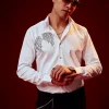 White Bead Embroidered Mandarin Collar Shirt