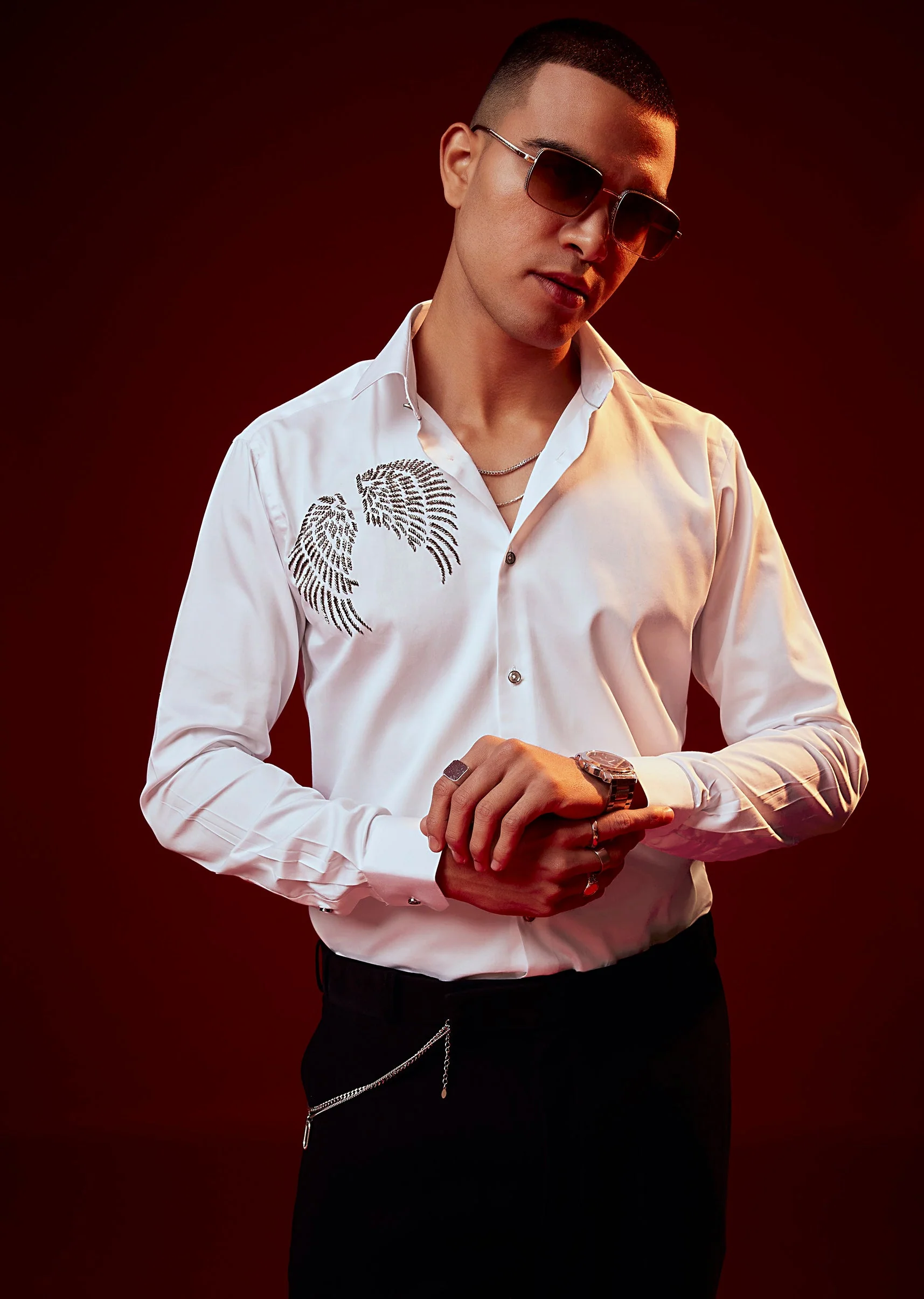 White Bead Embroidered Mandarin Collar Shirt