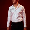 White Bead Embroidered Mandarin Collar Shirt