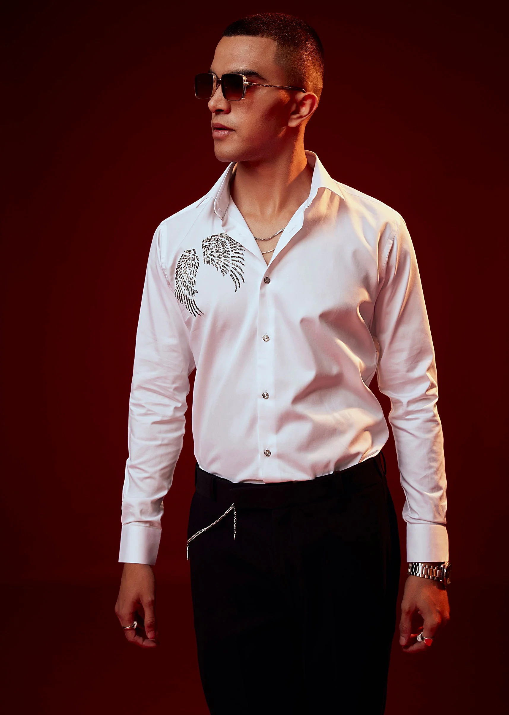 White Bead Embroidered Mandarin Collar Shirt