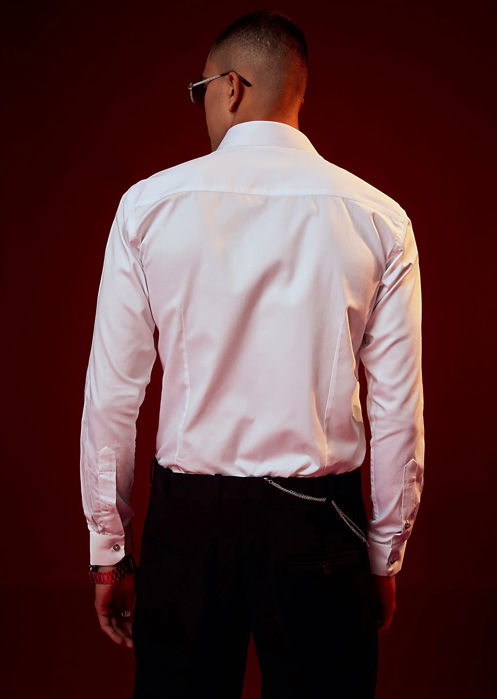 White Bead Embroidered Mandarin Collar Shirt