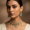 Gold Tone Multicolor Stone Choker Necklace And Earring Set