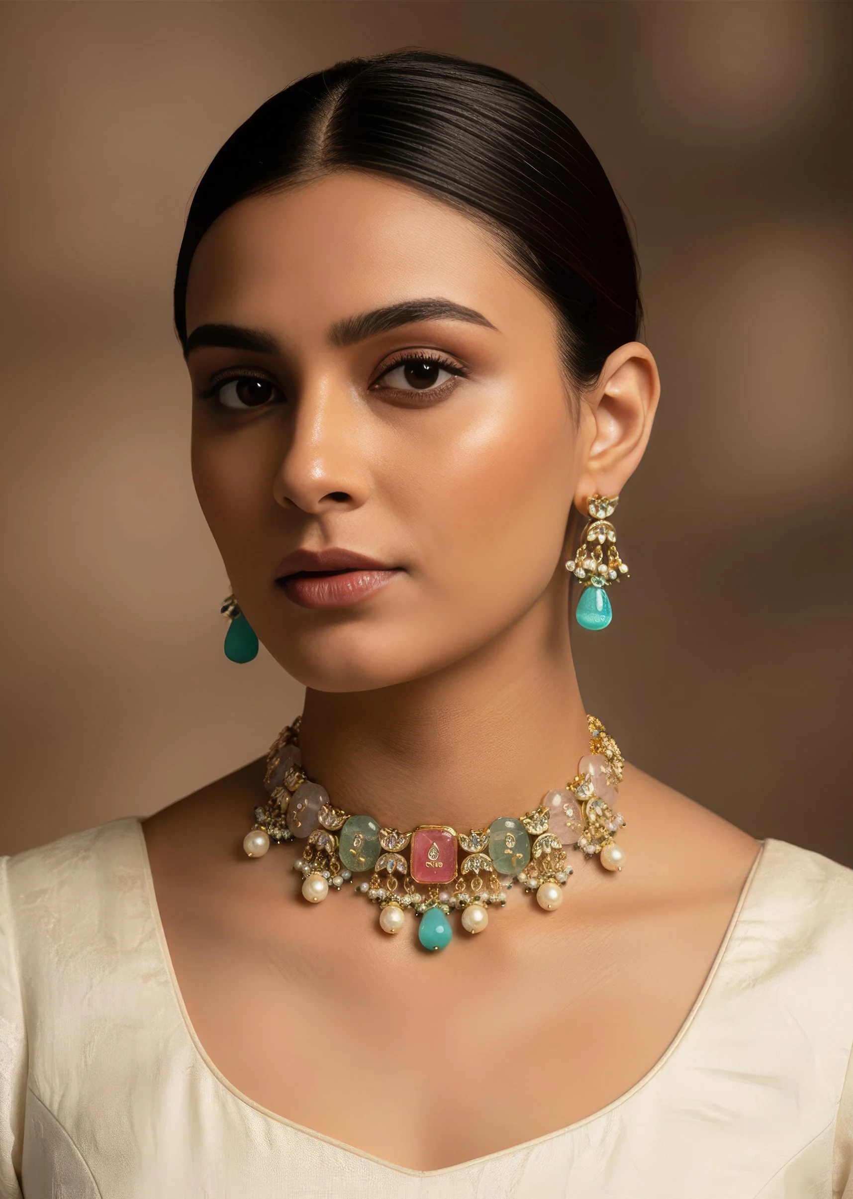 Gold Tone Multicolor Stone Choker Necklace And Earring Set