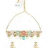 Gold Tone Multicolor Stone Choker Necklace And Earring Set