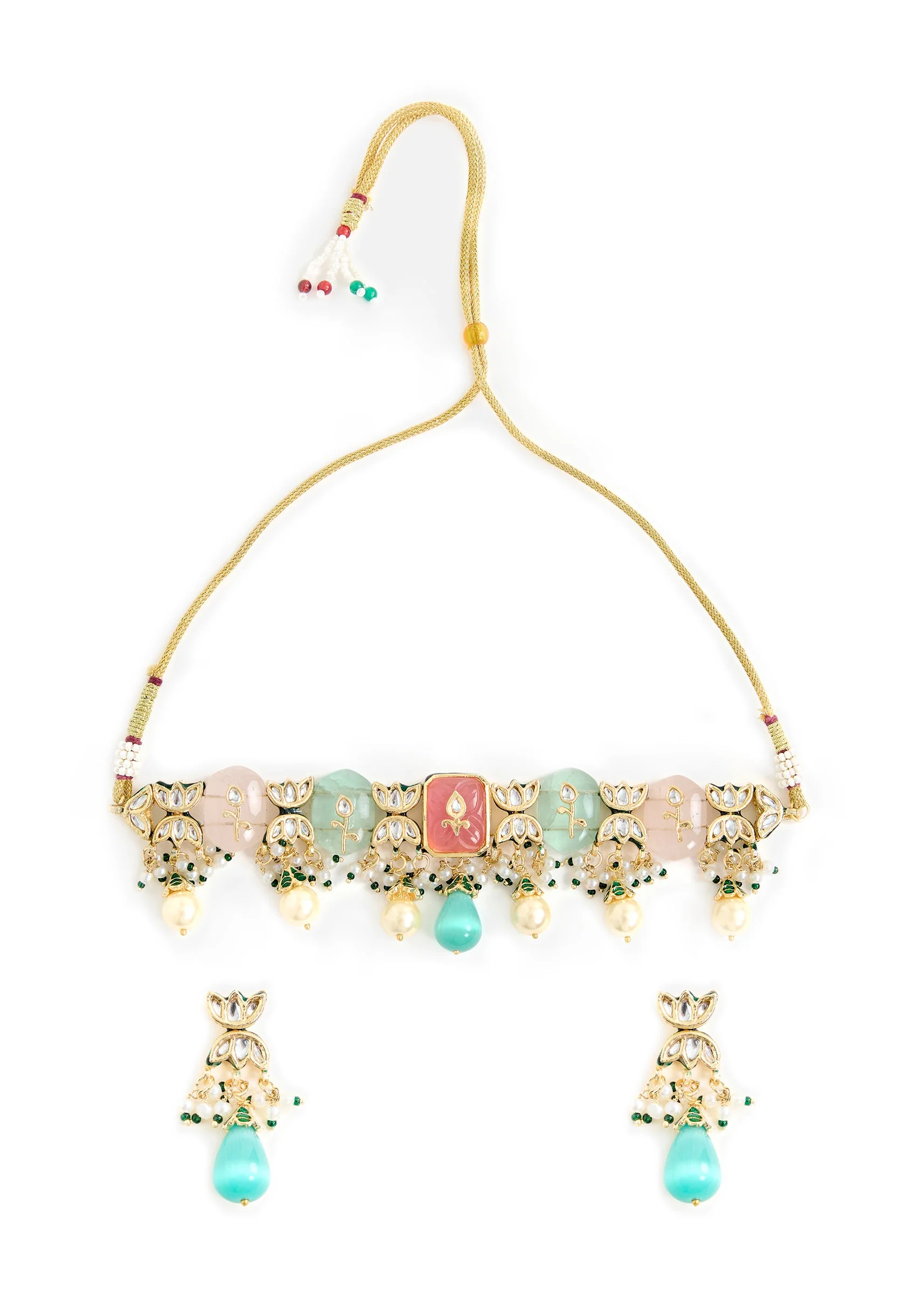 Gold Tone Multicolor Stone Choker Necklace And Earring Set
