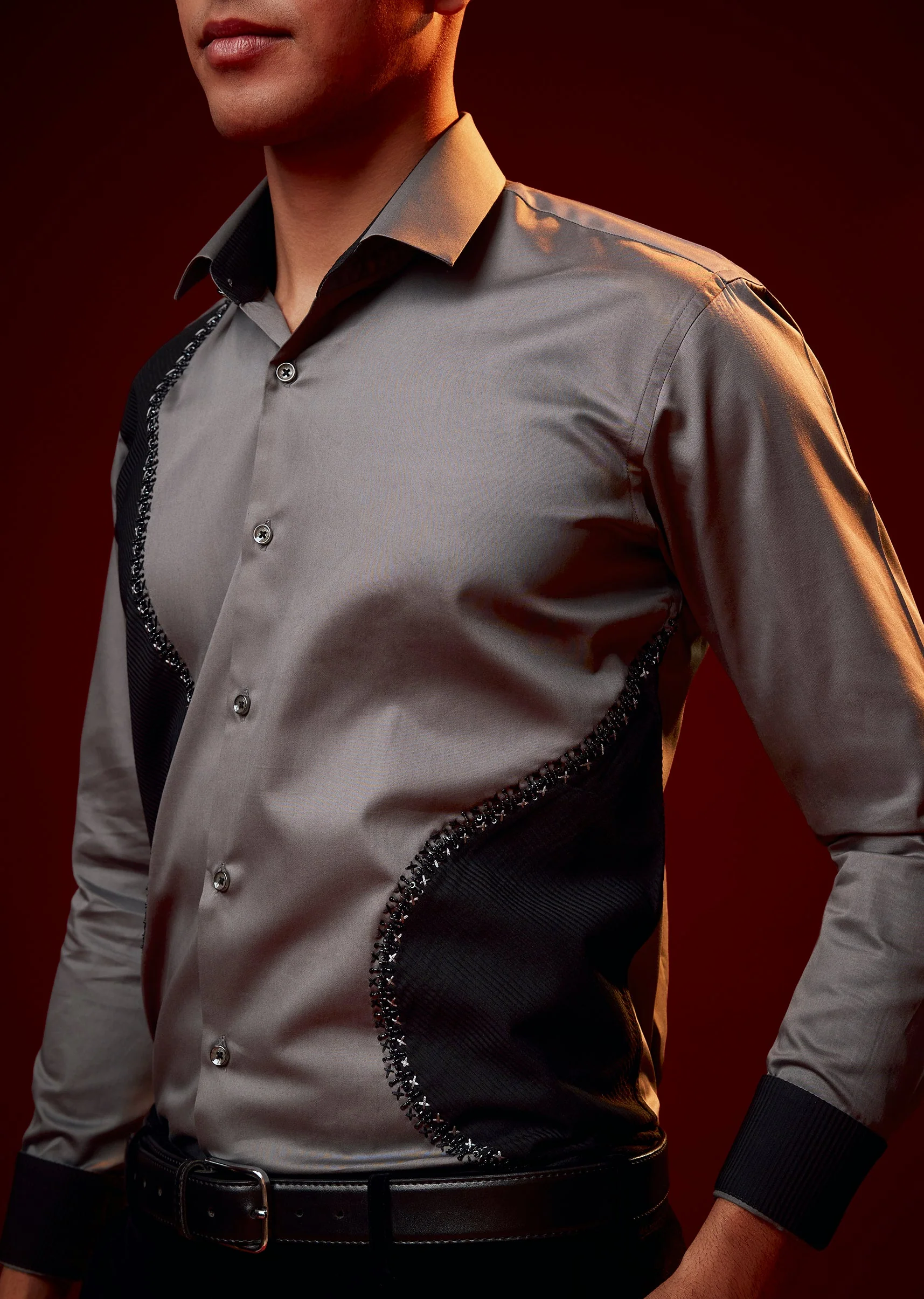 Grey Embellished Silk Blend Party Shirt
