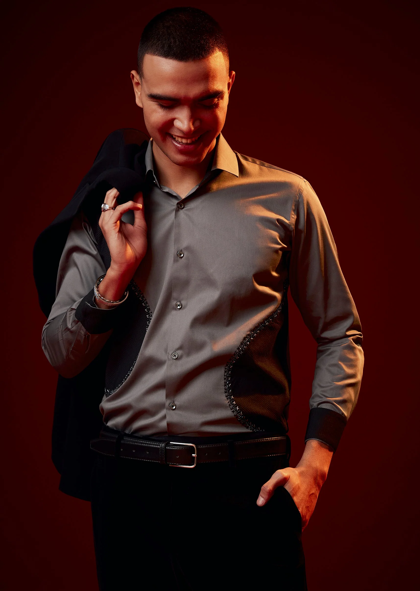 Grey Embellished Silk Blend Party Shirt
