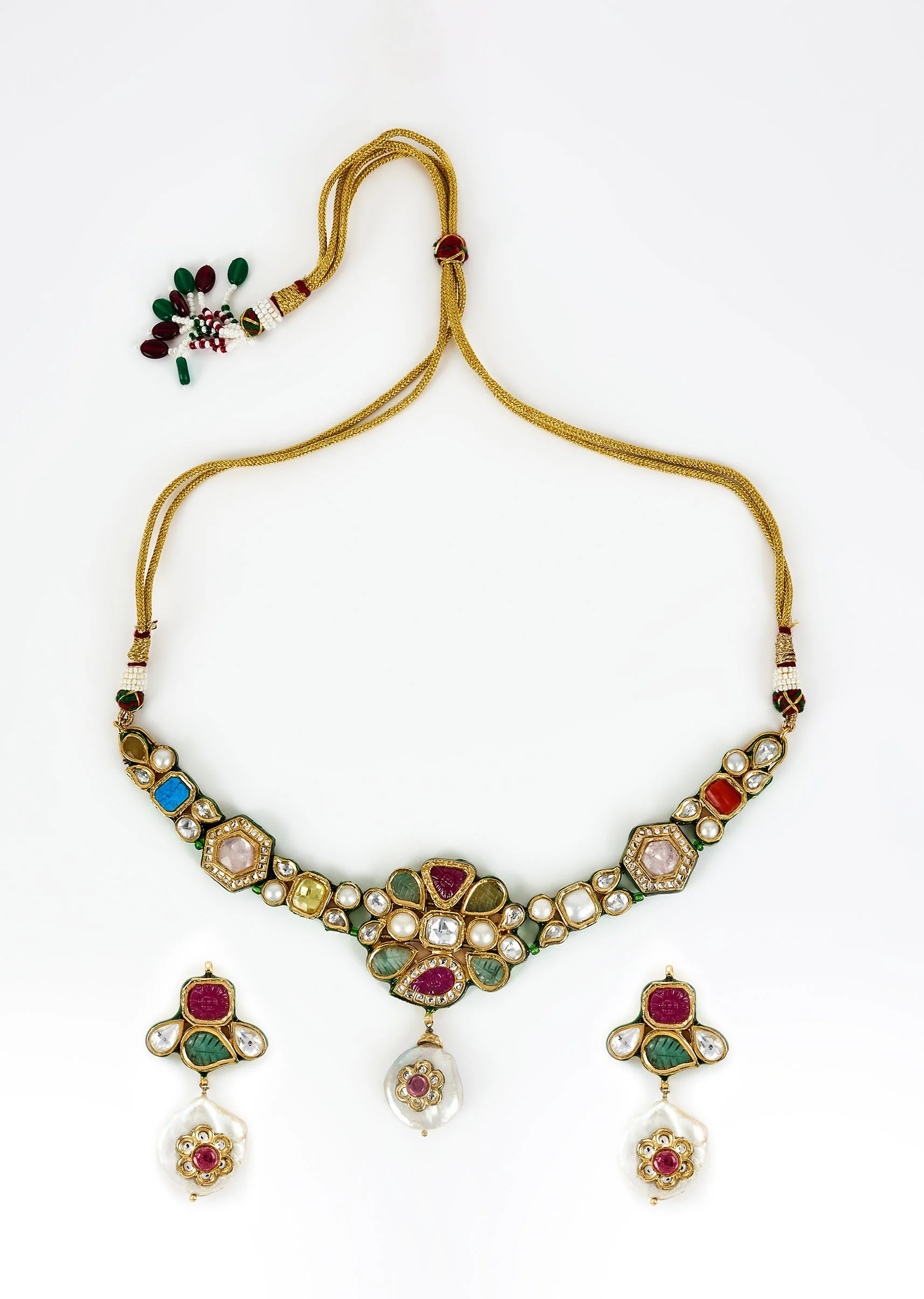 Gold Plated Multicolored Kundan Polki Choker Necklace Set With Earrings