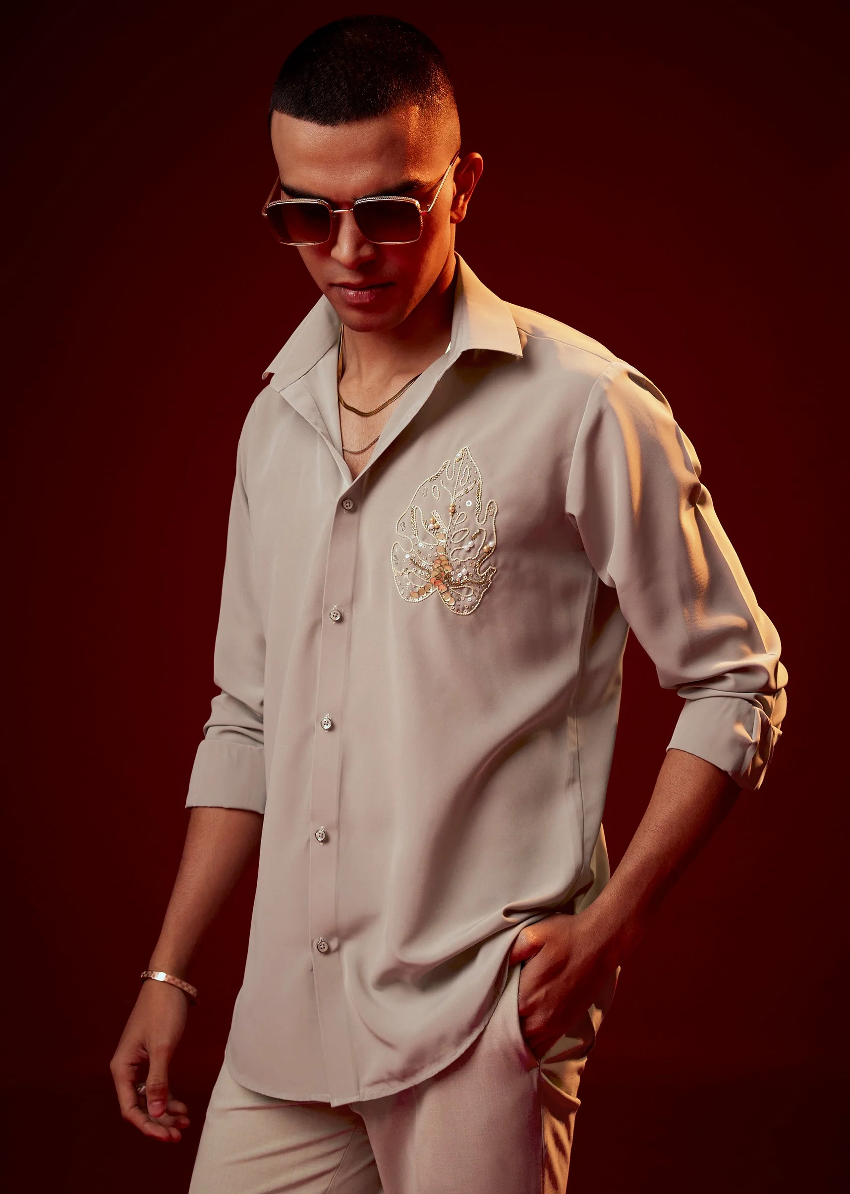 Pista Green Embellished Polyester Party Shirt
