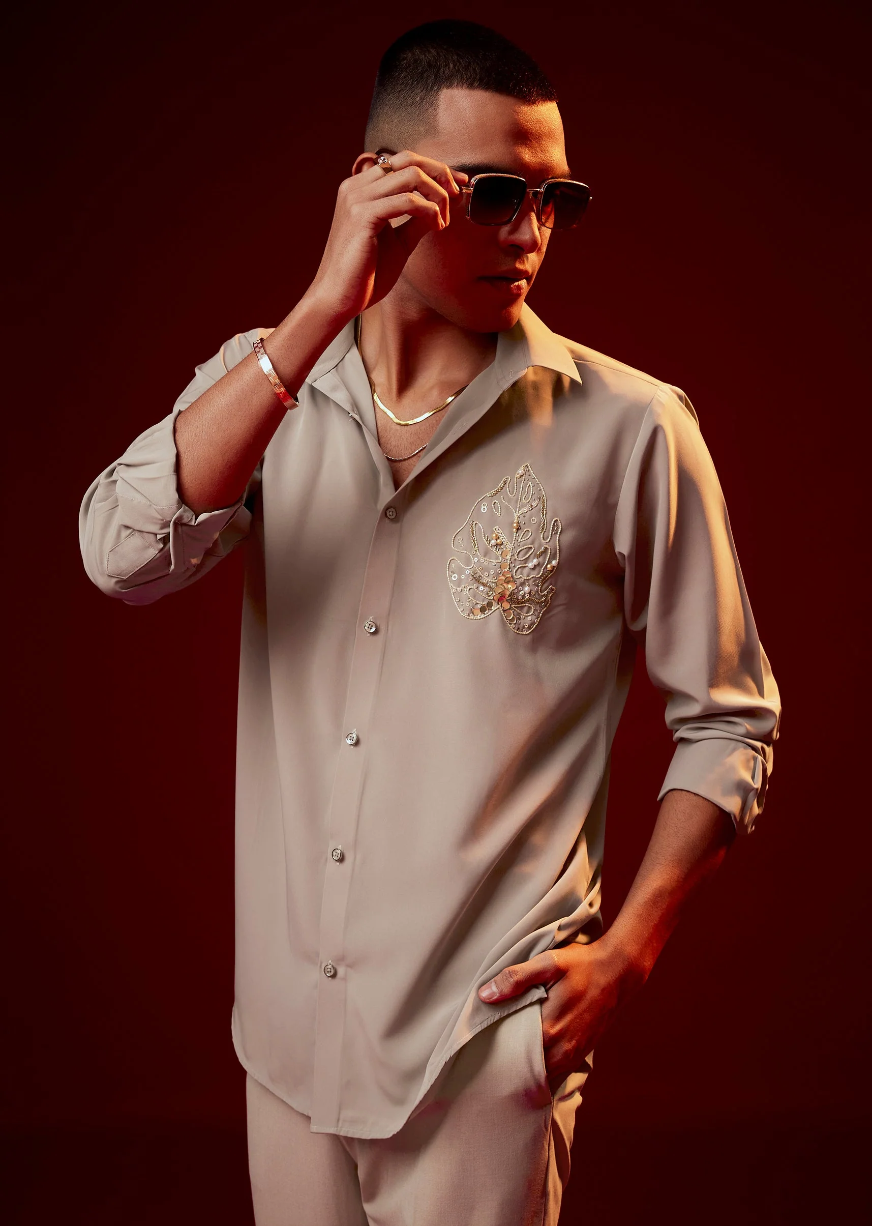 Pista Green Embellished Polyester Party Shirt
