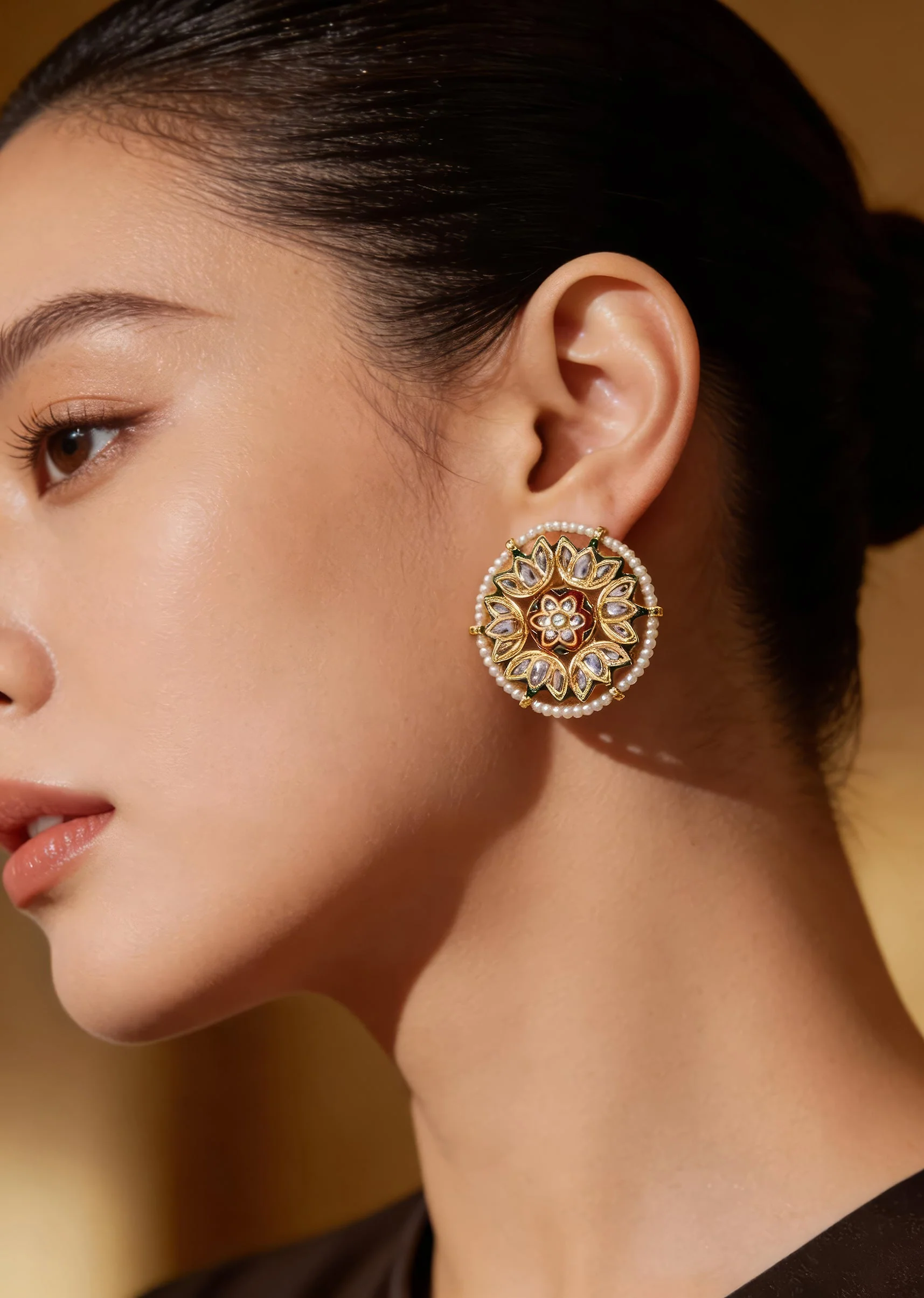 Gold Plated White Kundan Polki Studs Earrings