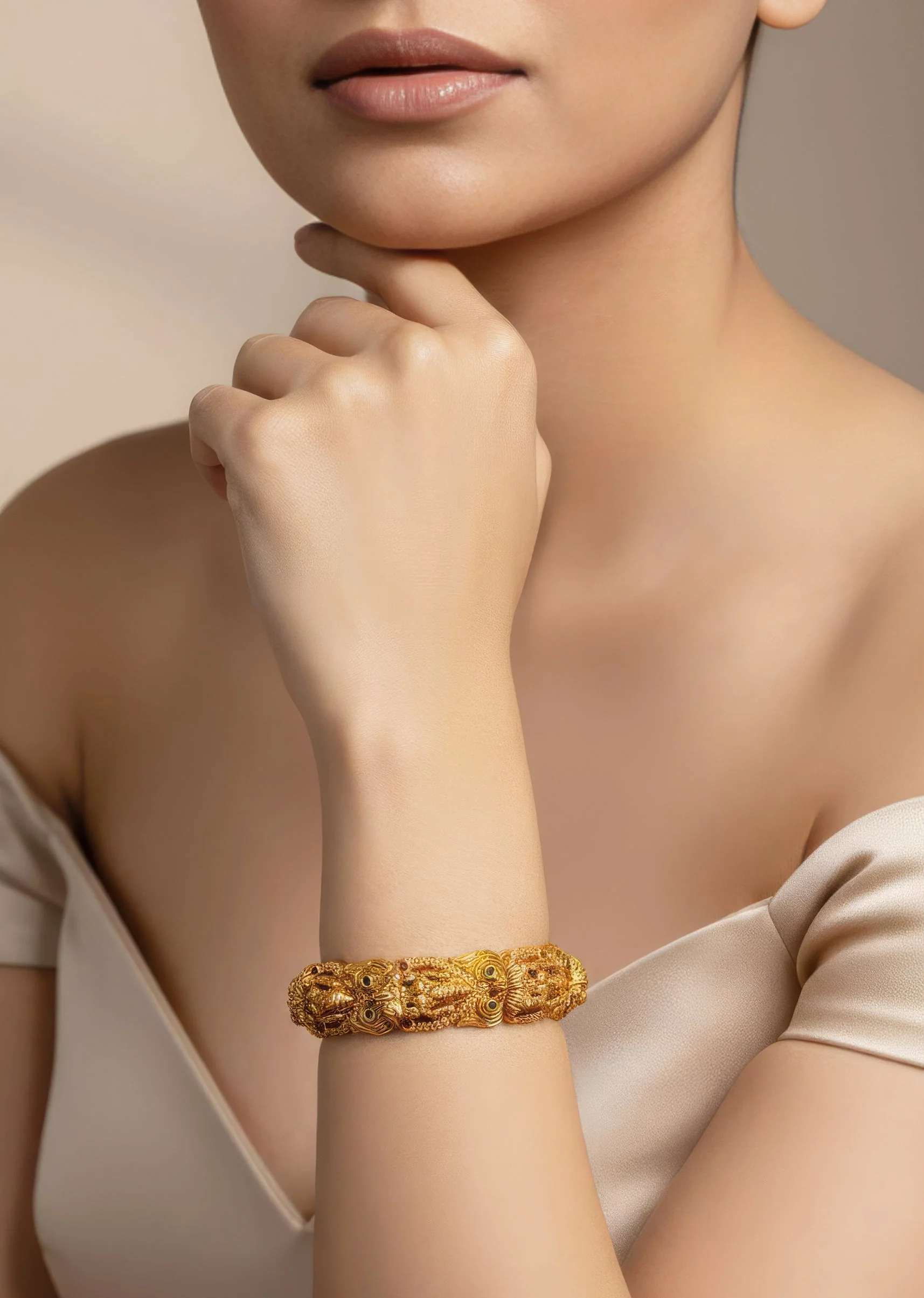 8434-gold-finish-bangle-with-traditional-temple-motifs-and-green-and-pink-simulated-stones-1.webp Gold Finish Bangle With Traditional Temple Motifs And Green and Pink Simulated Stones