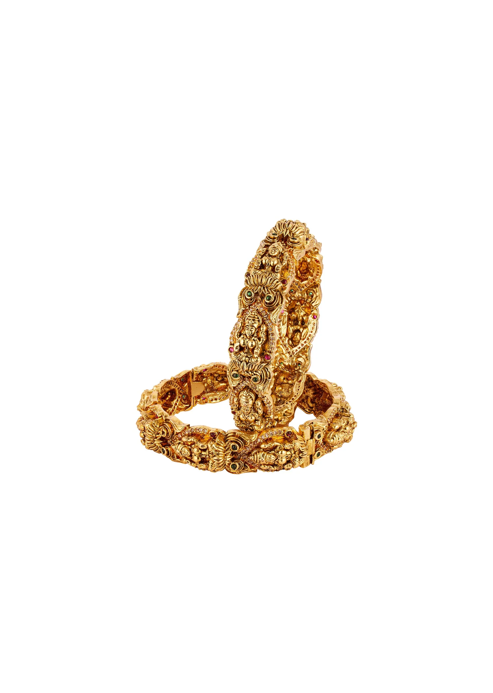 8434-gold-finish-bangle-with-traditional-temple-motifs-and-green-and-pink-simulated-stones-2.webp Gold Finish Bangle With Traditional Temple Motifs And Green and Pink Simulated Stones