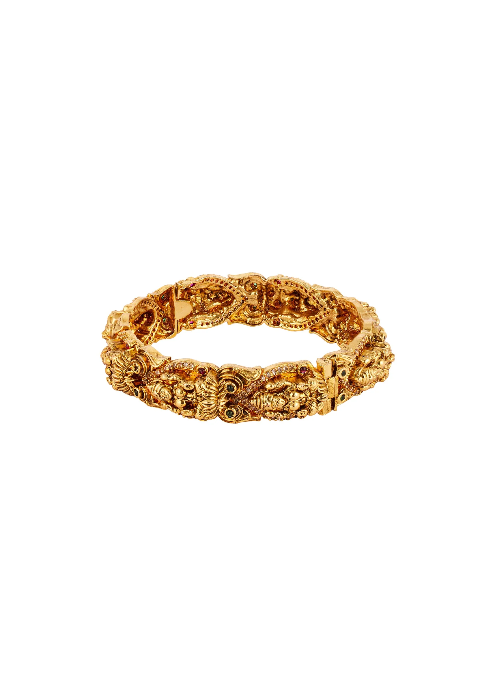 8434-gold-finish-bangle-with-traditional-temple-motifs-and-green-and-pink-simulated-stones-3.webp Gold Finish Bangle With Traditional Temple Motifs And Green and Pink Simulated Stones