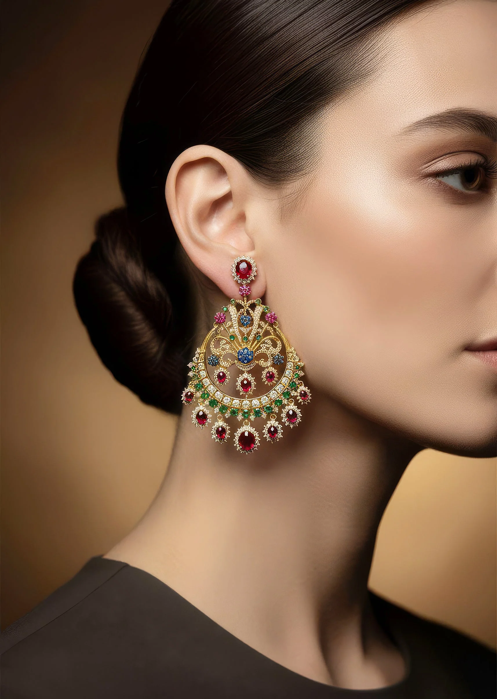 8435-gold-finish-chandbali-earrings-with-multi-color-simulated-stones-in-red-blue-and-green-1.webp Gold Finish Chandbali Earrings With Multi Color Simulated Stones In Red Blue and Green