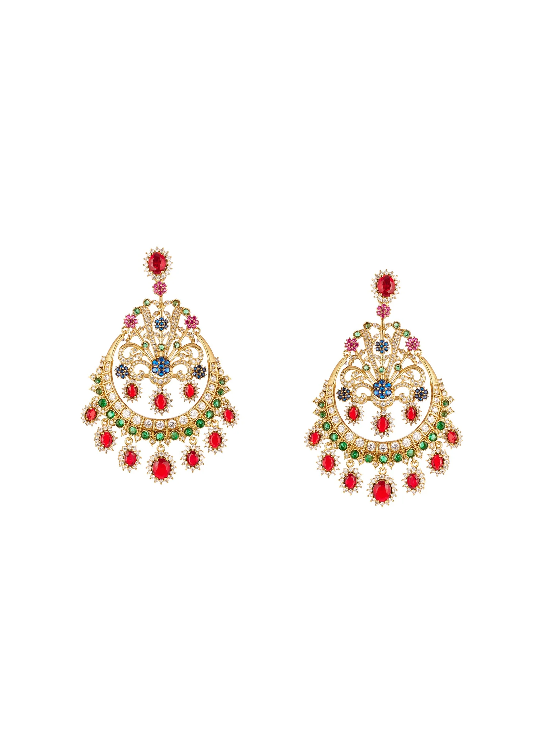 8435-gold-finish-chandbali-earrings-with-multi-color-simulated-stones-in-red-blue-and-green-2.webp Gold Finish Chandbali Earrings With Multi Color Simulated Stones In Red Blue and Green