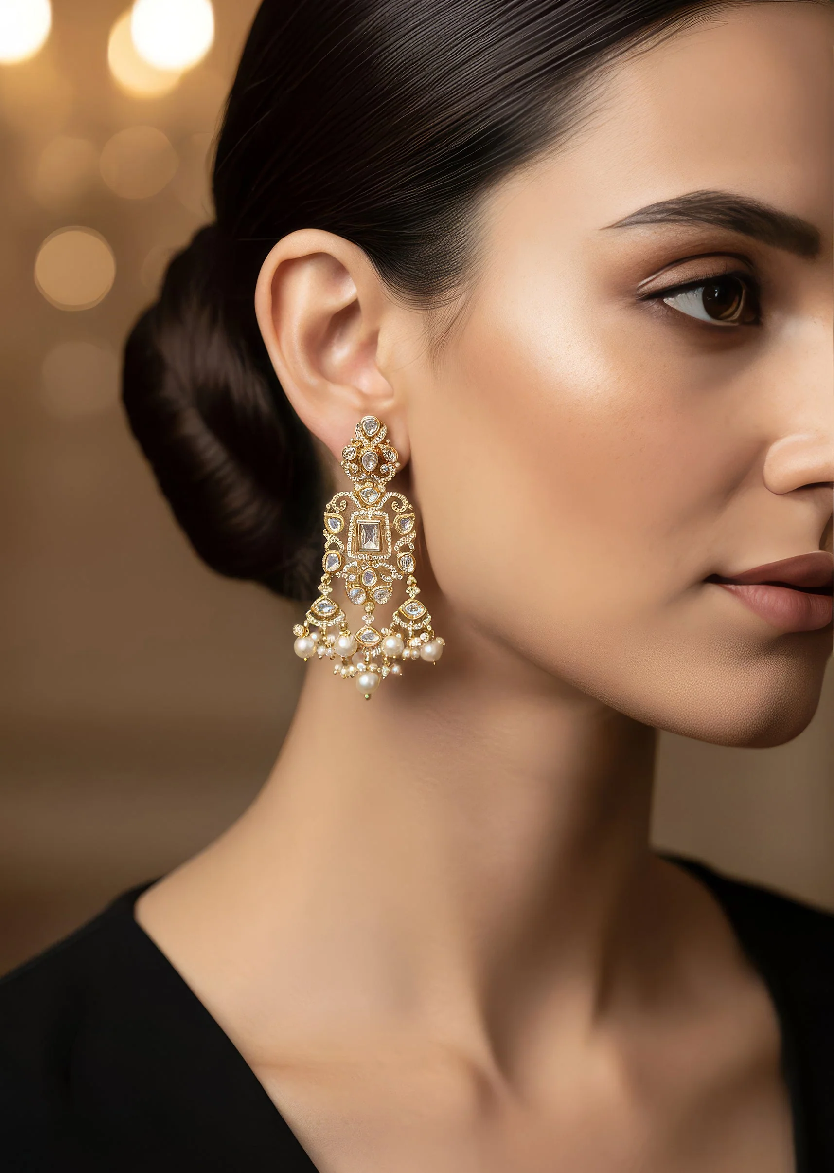 8436-gold-finish-drop-earrings-in-polki-with-white-simulated-pearls-and-clear-marquise-cut-stones-1.webp Gold Finish Drop Earrings In Polki With White Simulated Pearls and Clear Marquise Cut Stones