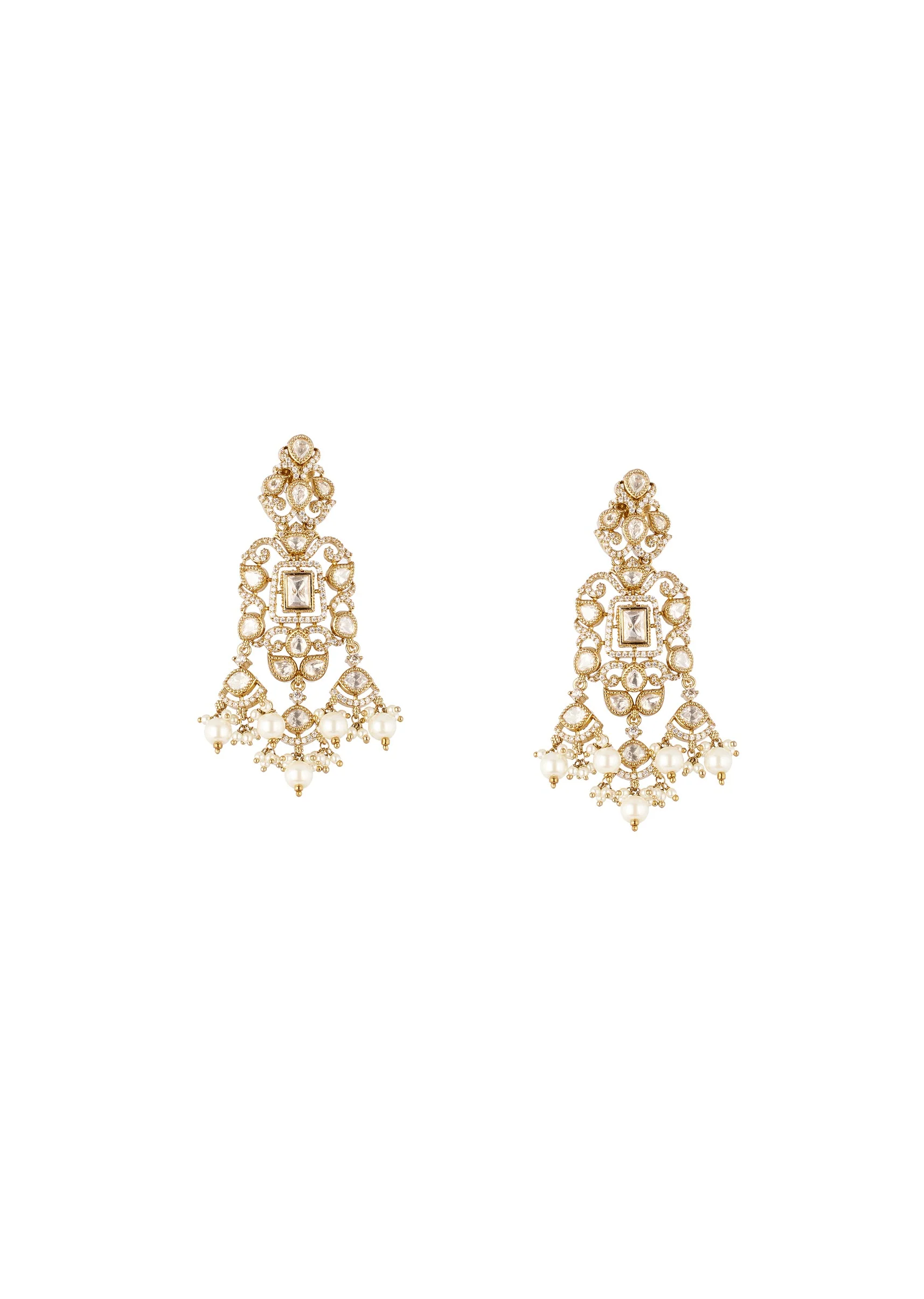 8436-gold-finish-drop-earrings-in-polki-with-white-simulated-pearls-and-clear-marquise-cut-stones-2.webp Gold Finish Drop Earrings In Polki With White Simulated Pearls and Clear Marquise Cut Stones