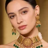 8437-gold-toned-necklace-set-with-traditional-temple-motifs-and-green-white-and-pink-simulated-stones-1.webp Gold Toned Necklace Set With Traditional Temple Motifs And Green White and Pink Simulated Stones